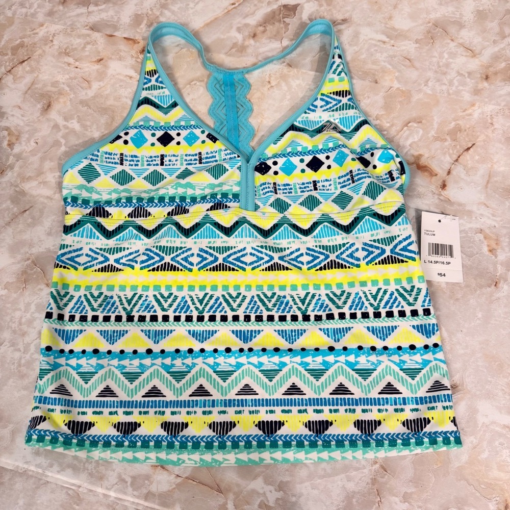 NWT ZeroXposur‎ Tankini Top Women L Multicolor Sleeveless Tribal Lace Back Swim
